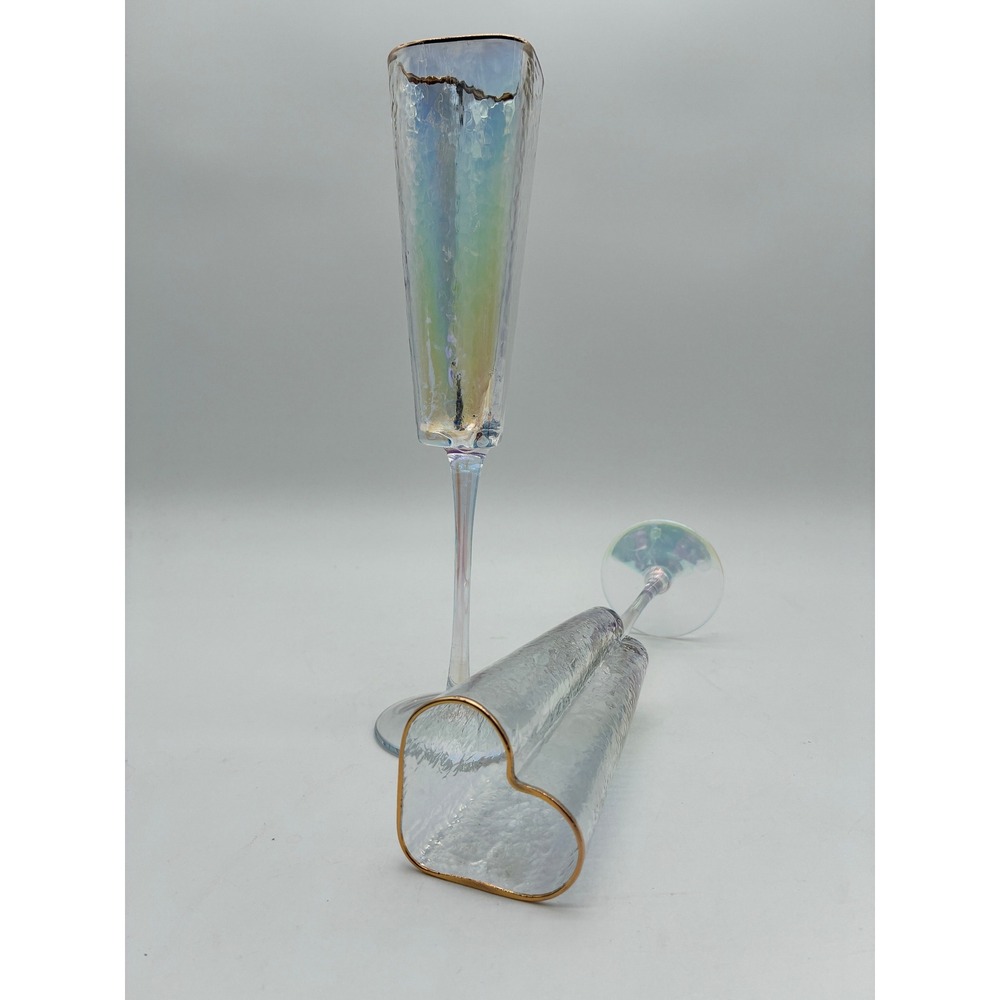 2 Iridescent Heart Shaped Long Stemmed Champagne Flutes Gold Rim Textured‎ Glass